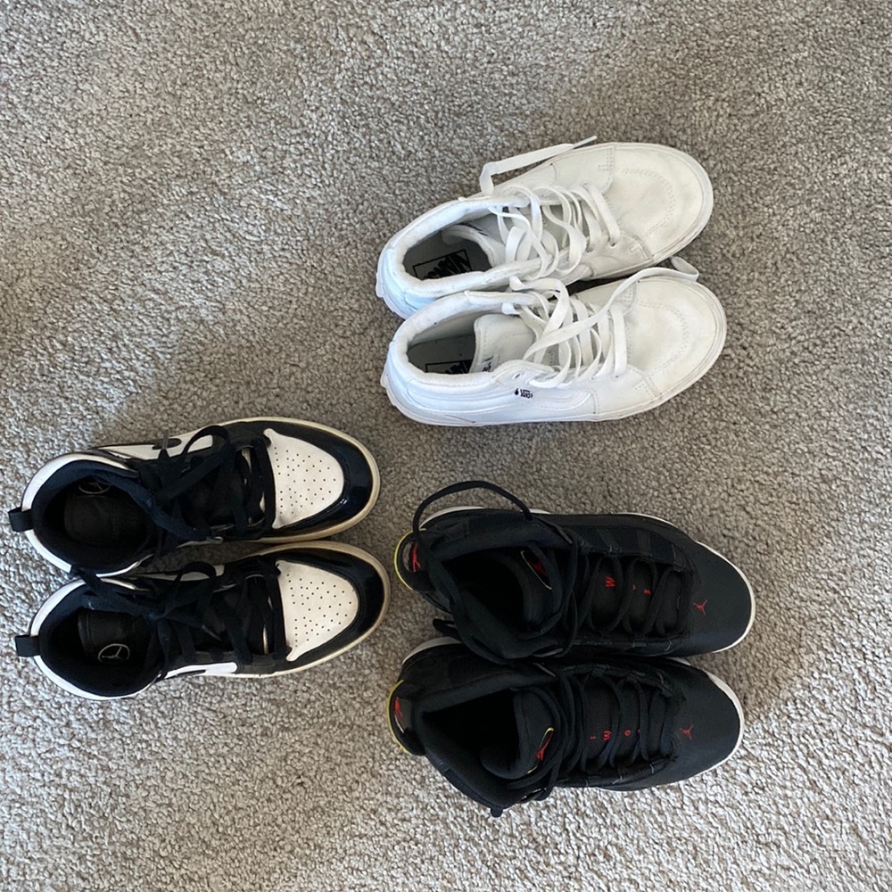 Selling lot of boys shoes.Lot includes two pair of Jordan’s and 1 pair of vans.
